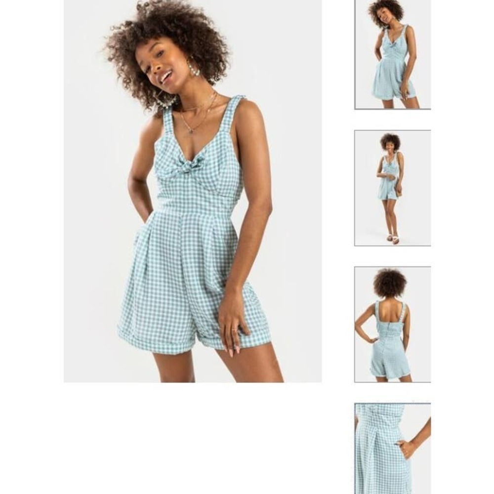𝅺FRANCESCA'S NWT Liza Green Front Tie Gingham Romper Size Medium - Picture 2 of 10